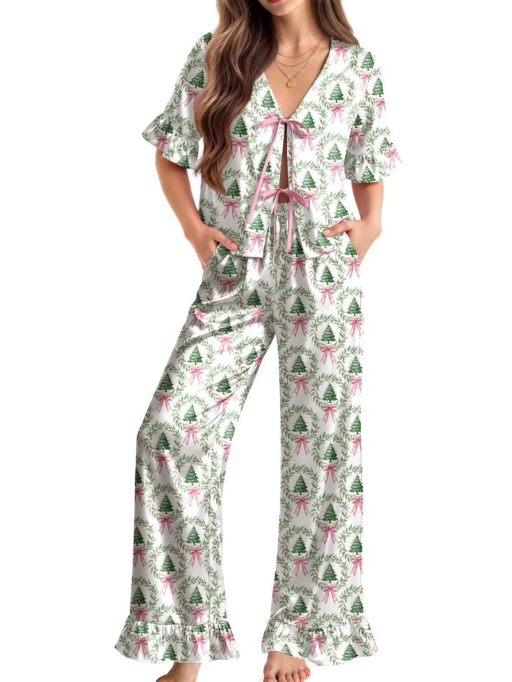 Silk Pajamas for Women Set 3/4 Sleeve Ruffle Pjs Bow Tie Sleepwear